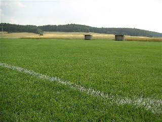 Od rekonstrukce se může hřiště chlubit kvalitním trávníkem. V pozadí vidíme nové střídačky pro domácí i hosty.