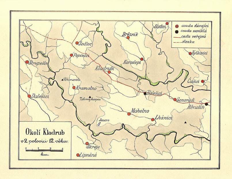 Plánek okolí (Karel Křivý, 1925) s vyznačenými zaniklými osadami a středověkou cestou.