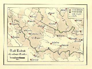 Plánek okolí (Karel Křivý, 1925) s vyznačenými zaniklými osadami a středověkou cestou.