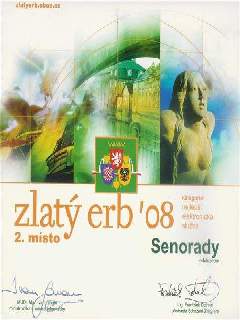 Zlatý erb 2008 za 2.místo v celostátním kole. Podepsal prezident Nejvyššího kontrolního úřadu Ing. František Dohnal a ministr vnitra a informatiky MUDr. Mgr. Ivan Langer<br />
