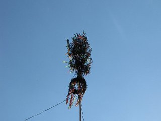 A už se tyčí nad dědinou! Věnec se letos podařilo připevnit tak, že je rovný jak když střelí a rozhodně neupadne! ;-)