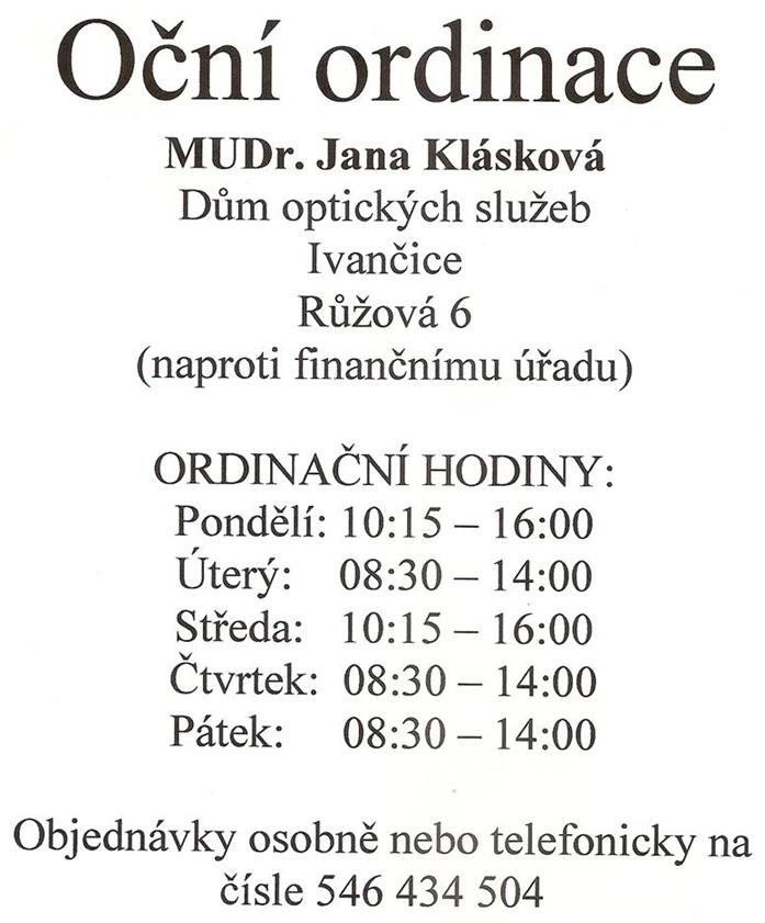 Oční ordinace - změna ordinačních hodin