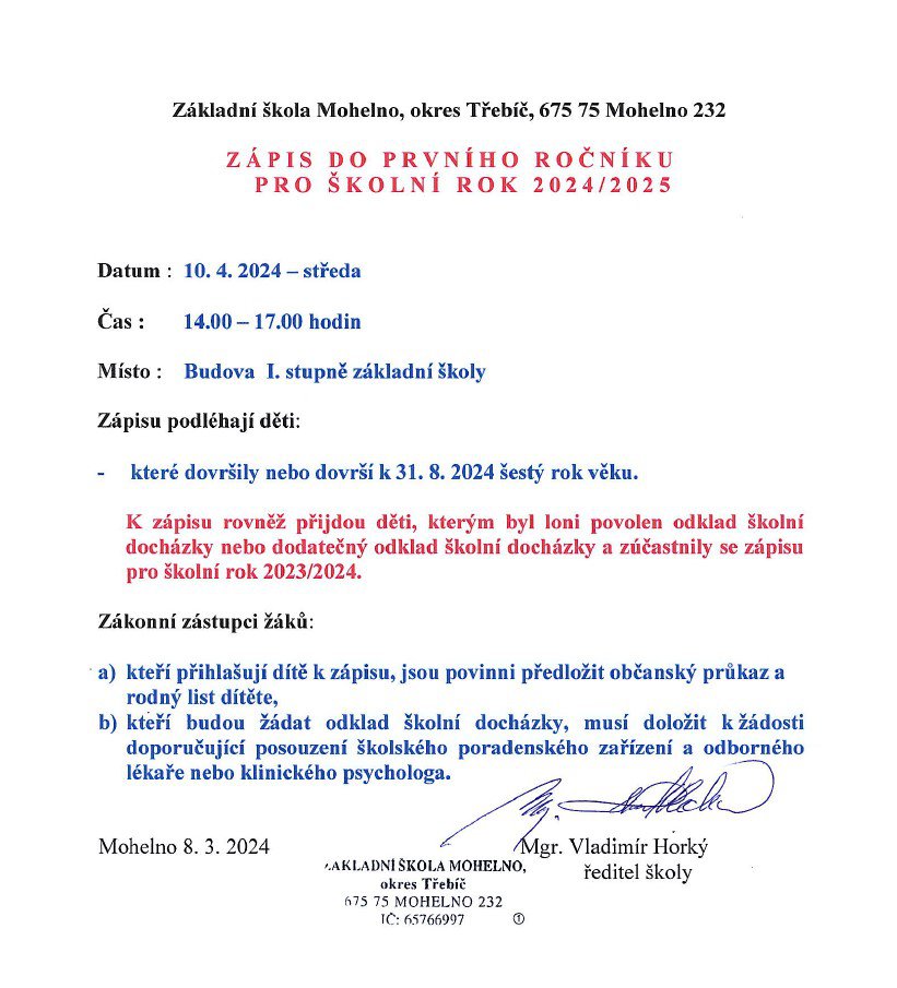Oznámení ZŠ Mohelno - Zápis do 1.ročníku